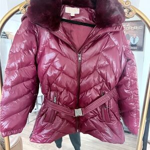 Michael Kors Glossy Berry Pink Quilted Puffer with Faux Fur Trim